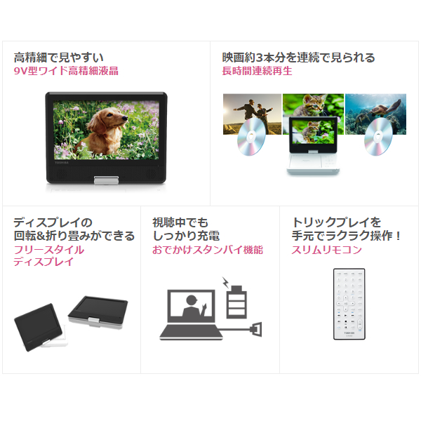 ポータブルDVDプレーヤー 東芝 TOSHIBA 9V型ワイド高精細液晶搭載 SD