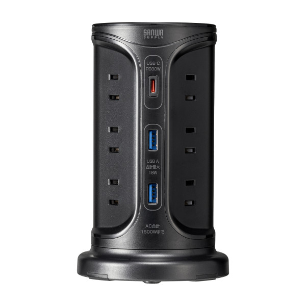 サンワサプライ 電源タップ タワー型電源タップ タワータップ USB充電対応 PD30W タイプC搭載 12個口 2m ブラック TAP-B112C1A2BK/srm | SANWA SUPPLY | 10