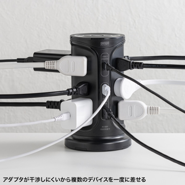 サンワサプライ 電源タップ タワー型電源タップ タワータップ USB充電対応 PD30W タイプC搭載 12個口 2m ブラック TAP-B112C1A2BK/srm | SANWA SUPPLY | 09
