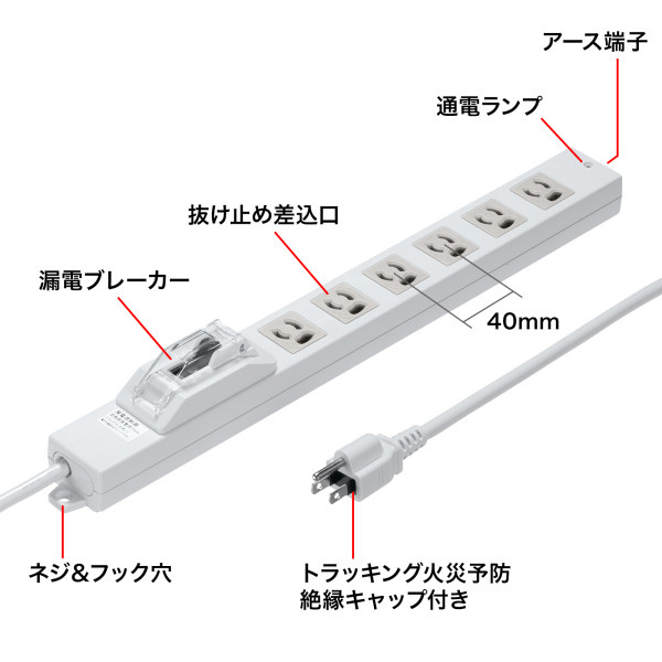 電源タップ 延長コード 1m 漏電ブレーカータップ 3P 6個口 サンワサプライ TAP-BR36LN-1/srm_2