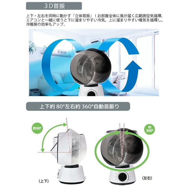 サーキュレーター ユアサプライムス 360° 3D首振り リモコン付き 立体首振り DCモーター 扇風機 YL-DCL20EFR-W｜gioncard｜06