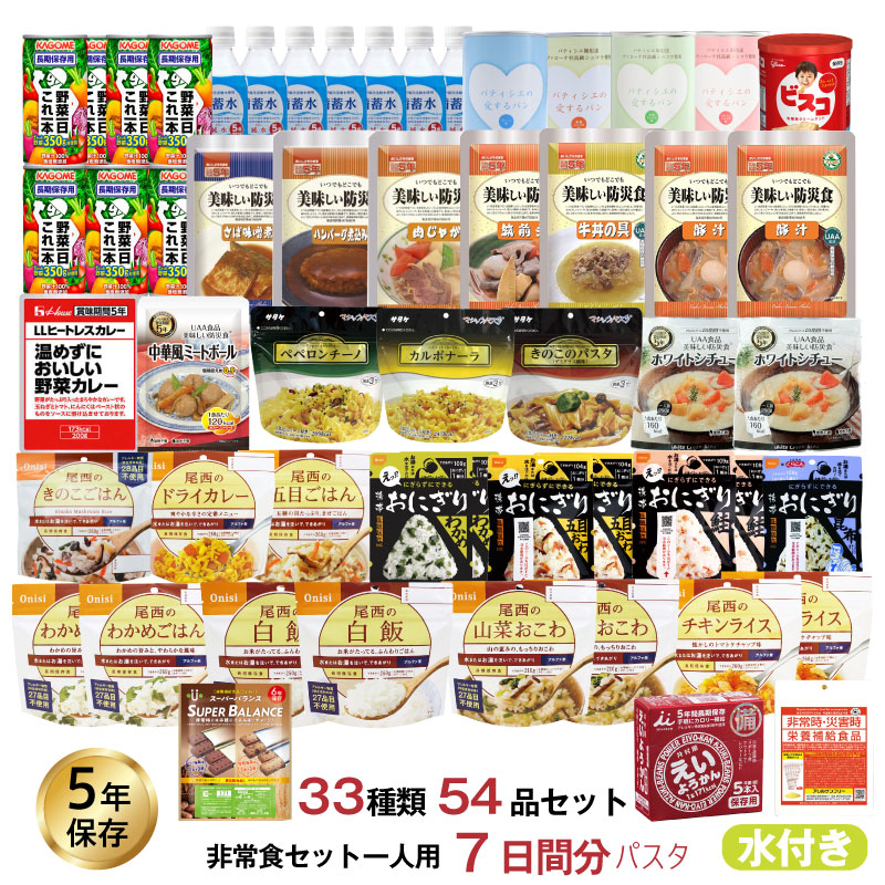 5年保存非常食セット7日分33種類 54品防災士監修カロリー計算済 Bセット