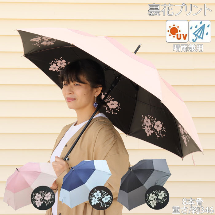 傘 レディース 日傘 長傘 晴雨兼用 親骨55cm 8本骨 ポンジー 黒 