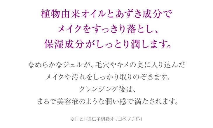 植物由来オイルとあずき成分でメイクをすっきり落とし、保湿成分がしっとり潤します。