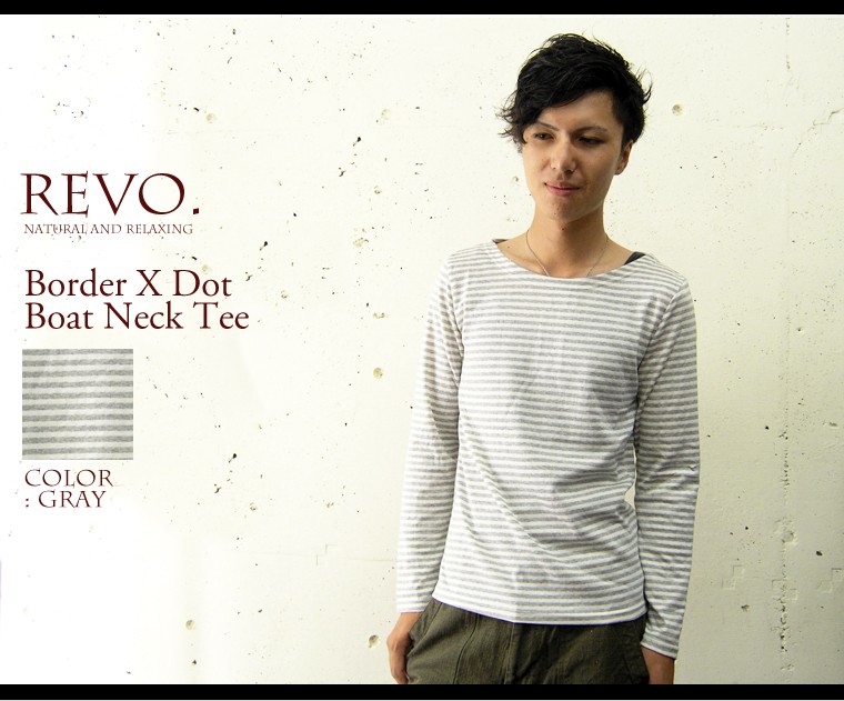 Revo. Tシャツ メンズ ボートネック 長袖 ボーダーxドットボート