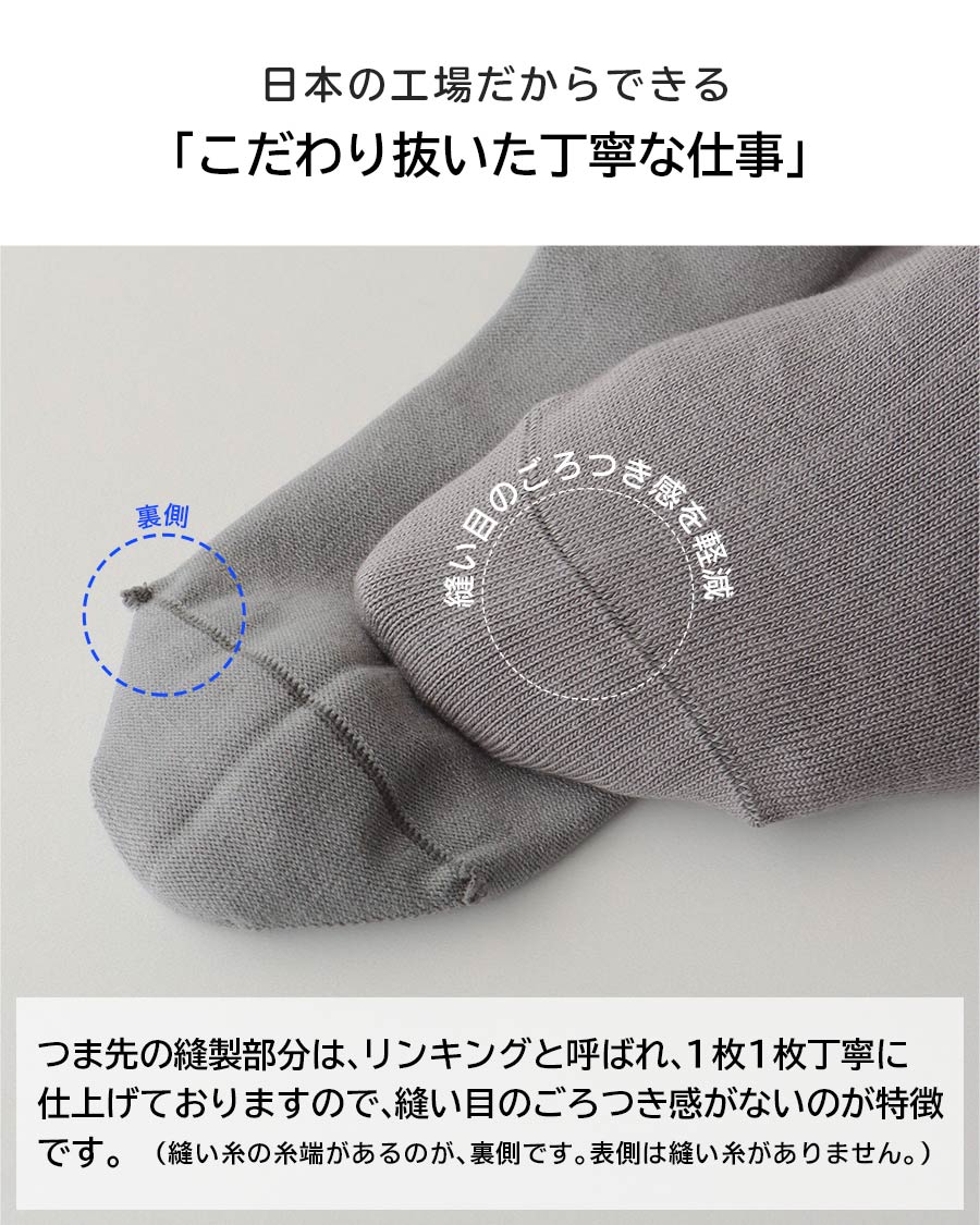 日本の工場だからできる「こだわり抜いた丁寧な仕事」つま先の縫製部分は、リンキングと呼ばれる、1枚1枚手仕事で仕上げておりますので、縫い目のごろつき感がないのが特徴です。（縫い糸の糸端があるのが、裏側です。表側は縫い糸がありません。）
