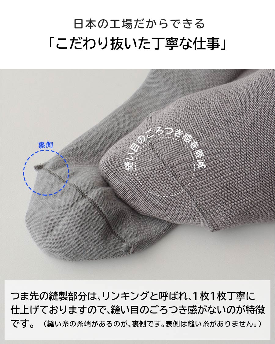 日本の工場だからできる「こだわり抜いた丁寧な仕事」つま先の縫製部分は、リンキングと呼ばれる、1枚1枚手仕事で仕上げておりますので、縫い目のごろつき感がないのが特徴です。（縫い糸の糸端があるのが、裏側です。表側は縫い糸がありません。）