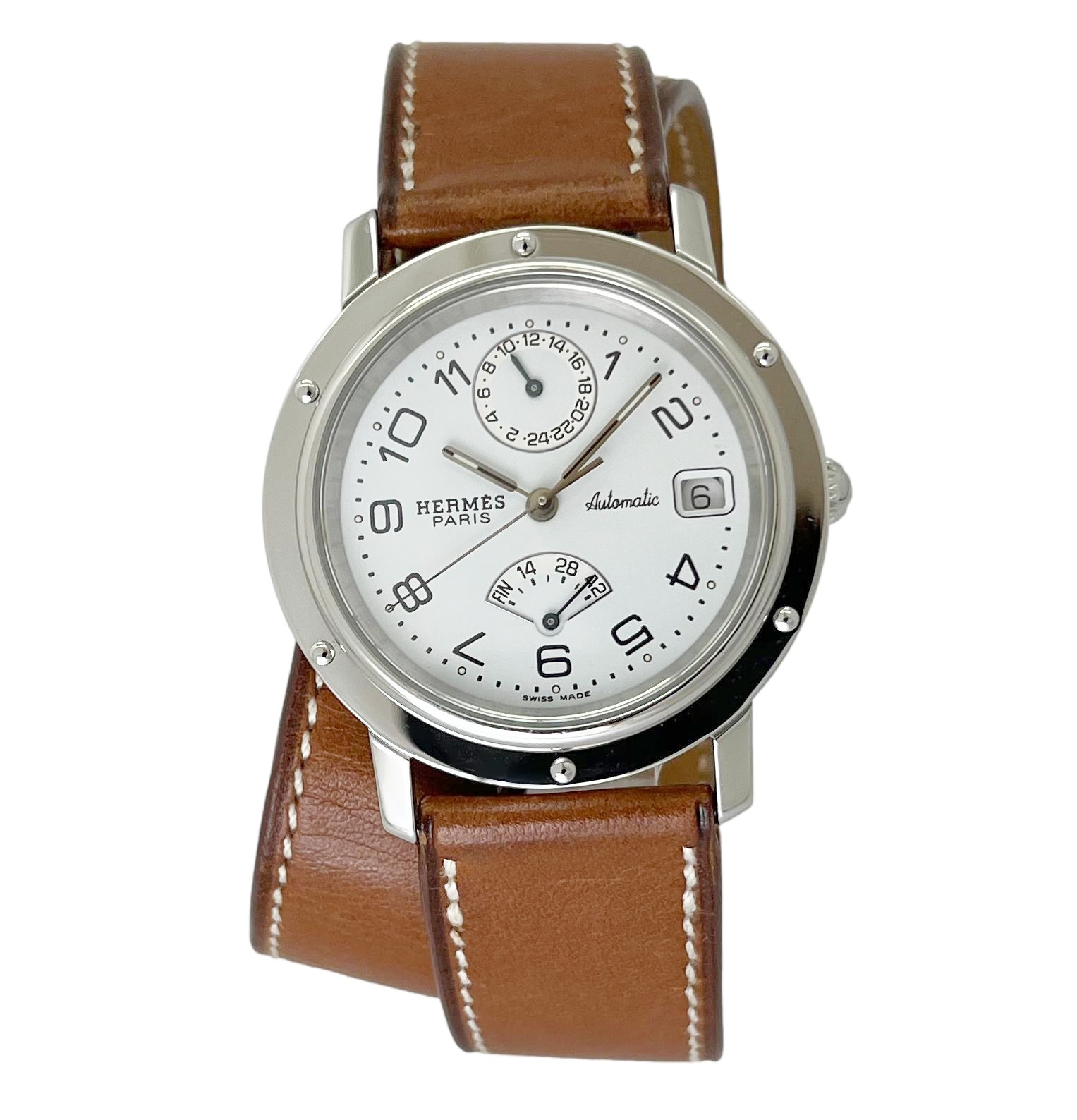 HERMES エルメス クリッパー CL5.710 ドゥブルトゥール パワーリザーブ 中古 メンズ 腕時計 自動巻き 白文字盤 外装仕上げ Aランク