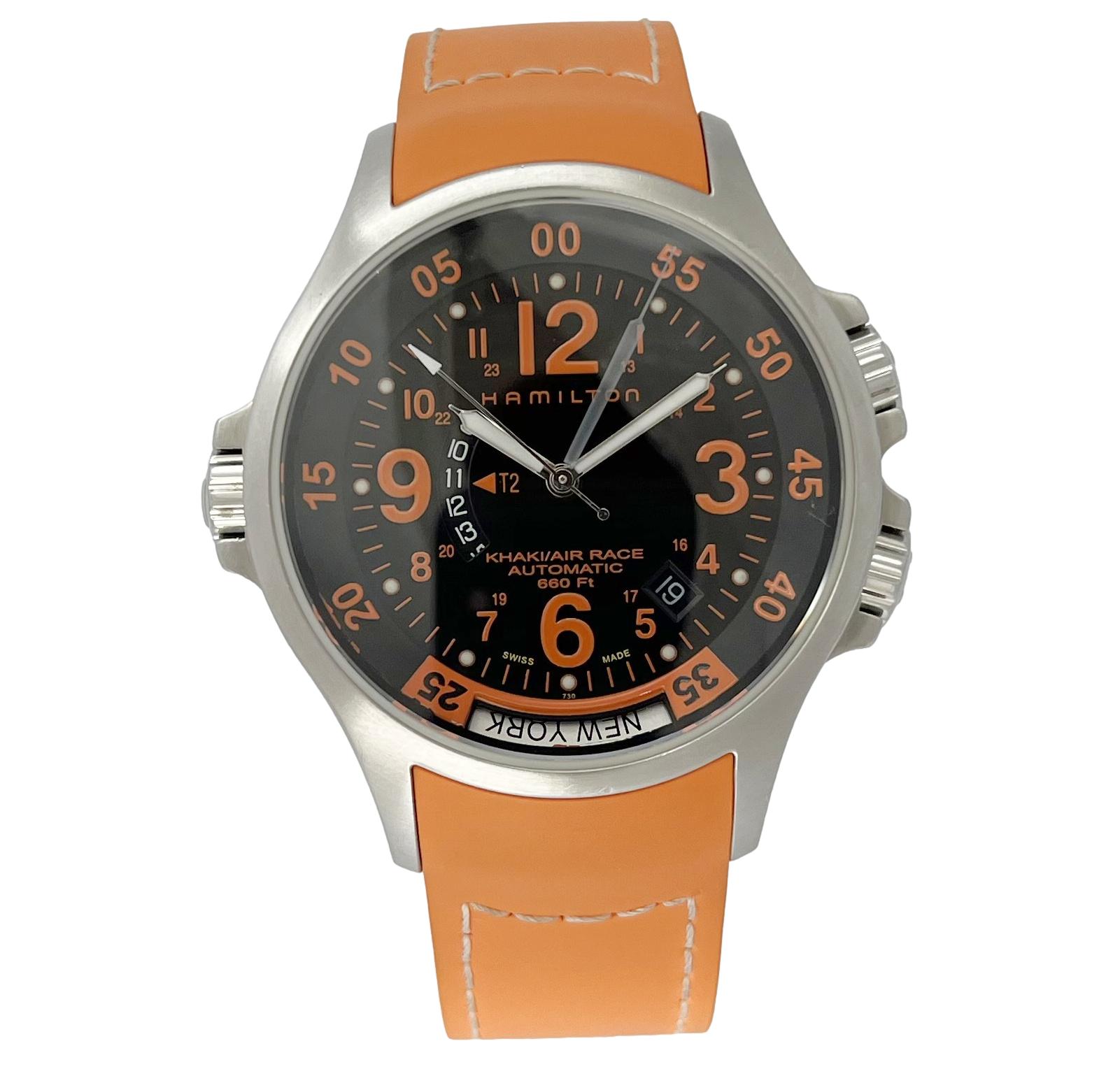 ハミルトン カーキ GMT エアレース 中古 メンズ腕時計 H776650 自動巻き SS × ラバー 黒文字盤 オレンジ