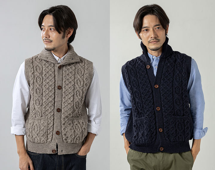 英国製 メンズ ケーブル編み ハイネック ベスト ウール 秋冬 前開き