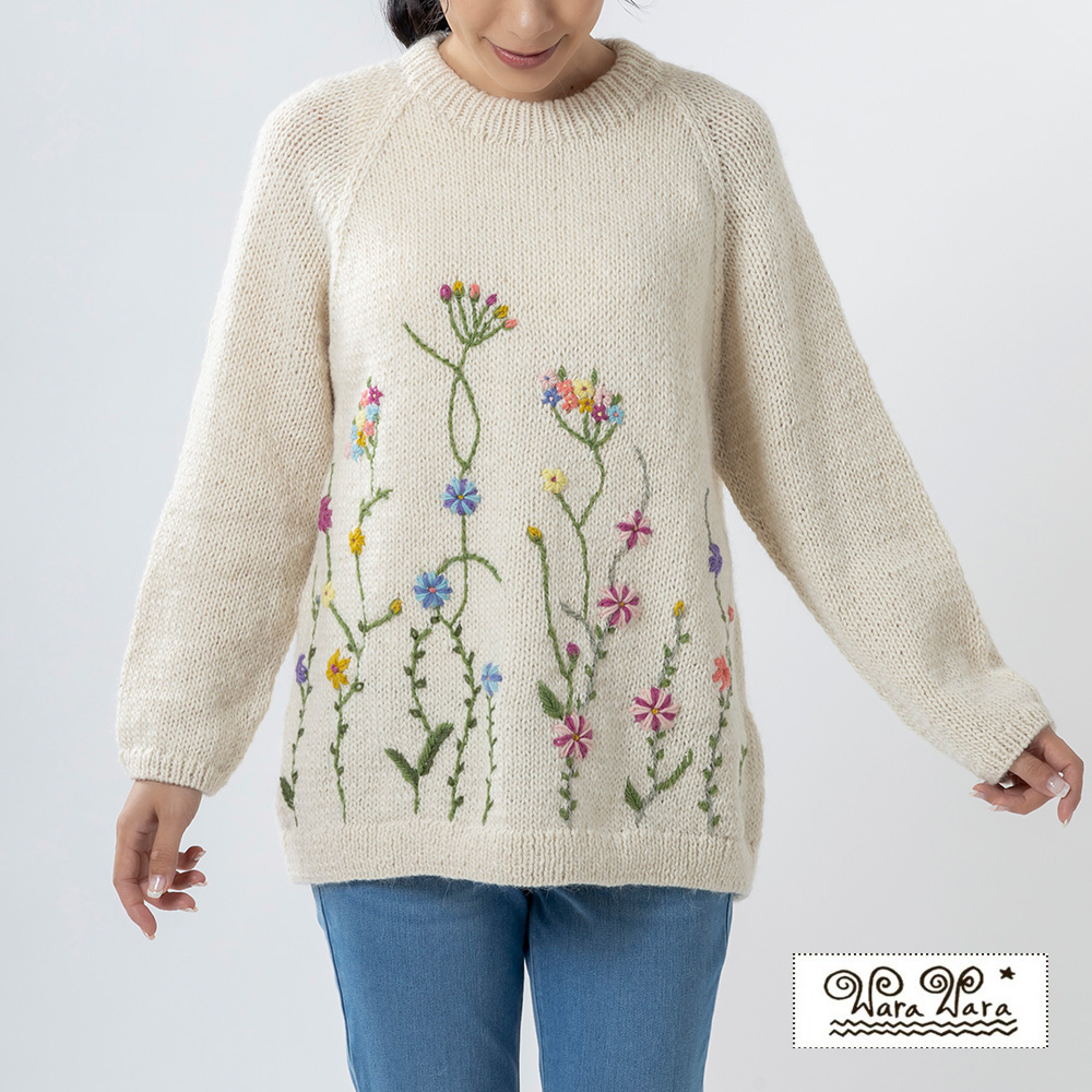 ペルー製 アルパカ 花柄手刺繍クルーネックセーター 手編み 手刺繍 レディース 秋冬 [warawara/ワラワラ][送料無料]  セール対象