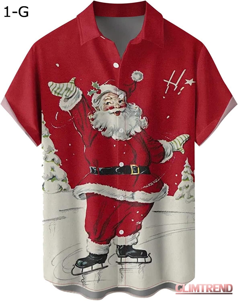 メンズ クリスマス サンタ ギフト 3D デジタル プリント ボタン ラペル 半袖シャツ Tシャツ ...