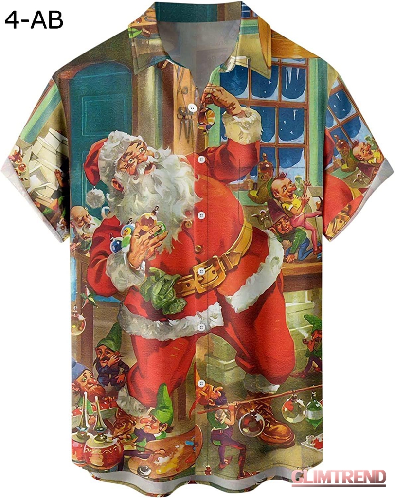 メンズ クリスマス サンタ ギフト 3D デジタル プリント ボタン ラペル 半袖シャツ Tシャツ トップ おもしろtしゃつ｜glimtrend-store｜10
