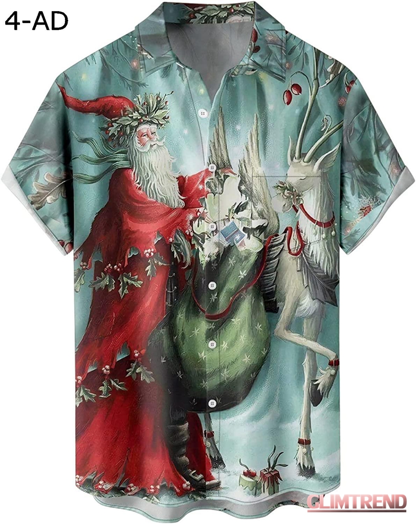 メンズ クリスマス サンタ ギフト 3D デジタル プリント ボタン ラペル 半袖シャツ Tシャツ トップ おもしろtしゃつ｜glimtrend-store｜11
