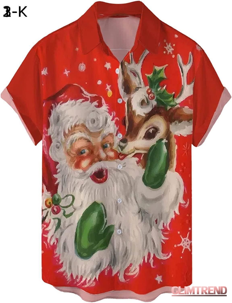メンズ クリスマス サンタ ギフト 3D デジタル プリント ボタン ラペル 半袖シャツ Tシャツ ...