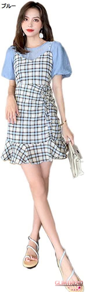 韓国版 ファッション 婦人服 純赤い風 パフスリーブ チェックサスペンダースカート 夏 ツーピーススーツ ドレス フェミニン｜glimtrend-store｜02