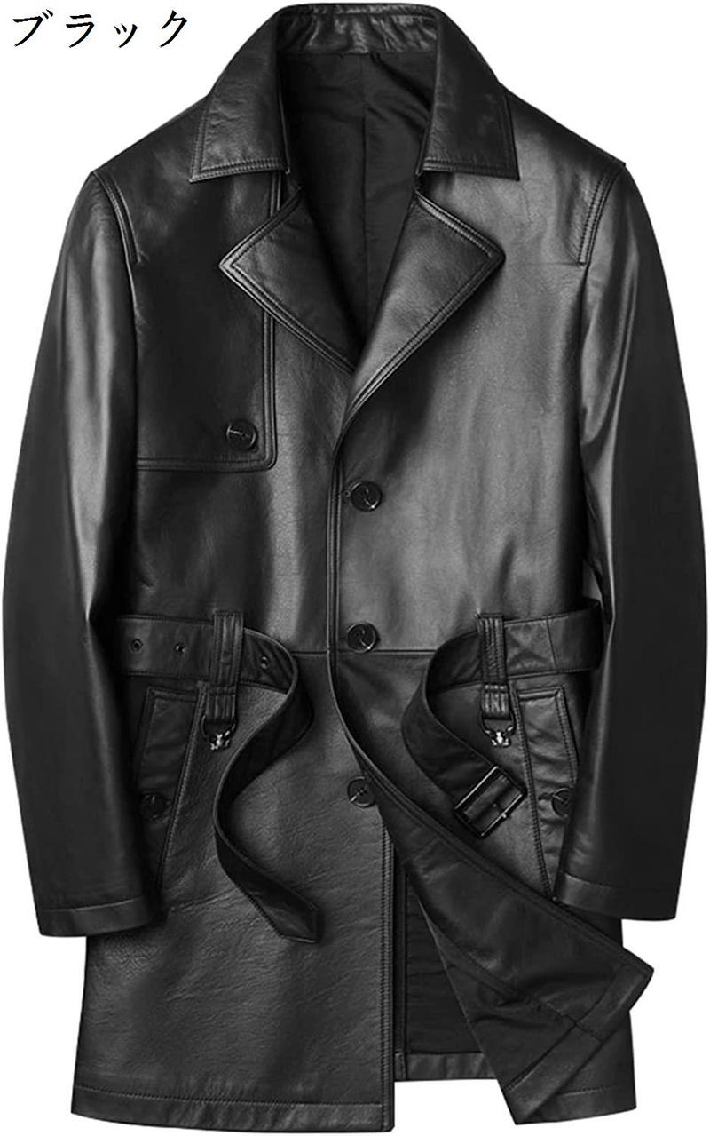 革コート メンズ 革ジャン 冬の秋の黒いトレンチコート長袖ベルトシングルブレストプラスサイズの男性服