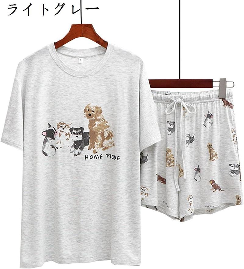 半袖 パジャマ レディース Tシャツ 犬柄 かわいい 短パン ルームウェア 夏 モダール 柔らかい ひんやり カジュアル ラウンドネック｜glimtrend-store｜02