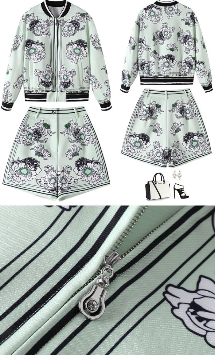 ショートパンツセットアップ 花柄 スタンドカラー 長袖 ジャケット