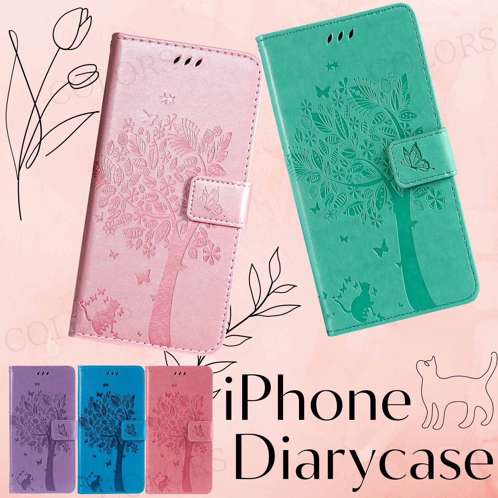 スマホケース iPhone11 アイフォン11 猫 可愛い iPhone12 iPhoneSE 3 猫 手帳型 木 花柄 蝶 ねこ 大人かわいい オシャレ ピンク アイフォン