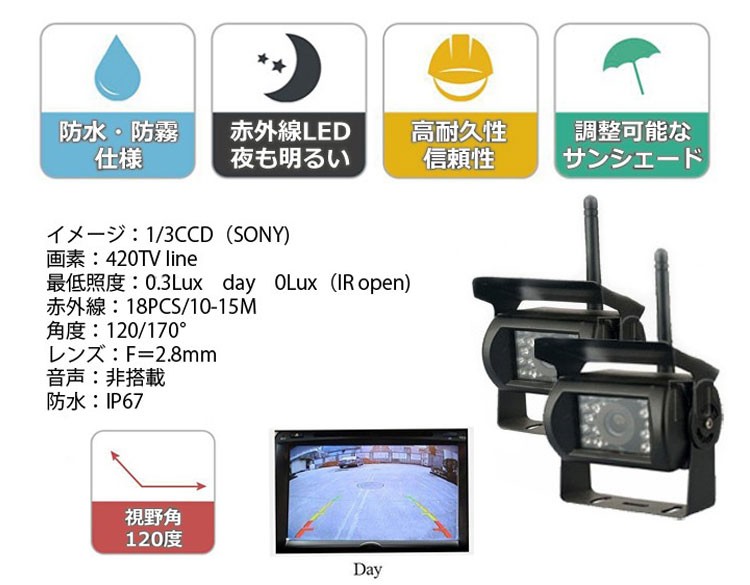 限定30％OFFカメラ2個搭載ワイヤレスバックカメラセット 防水 暗視 7インチモニター 12-24V兼用 2チャンネル OMT77SET その他