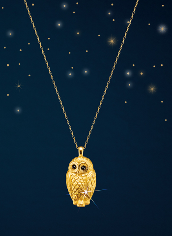 純金のふくろう＞ダイヤモンド入り24金製宝飾ペンダント : グラン