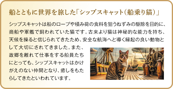 船とともに世界を旅した「シップスキャット（船乗り猫）」：シップスキャットは船のロープや積み荷の食料を狙うねずみの駆除を目的に、商船や軍艦で飼われていた猫です。古来より猫は神秘的な能力を持ち、天候を操ると信じられてきたため、安全な航海へと導く縁起の良い動物として大切にされてきました。また、故郷を離れて仕事をする船員たちにとっても、シップスキャットはかけがえのない仲間となり、癒しをもたらしてきたといわれています。
