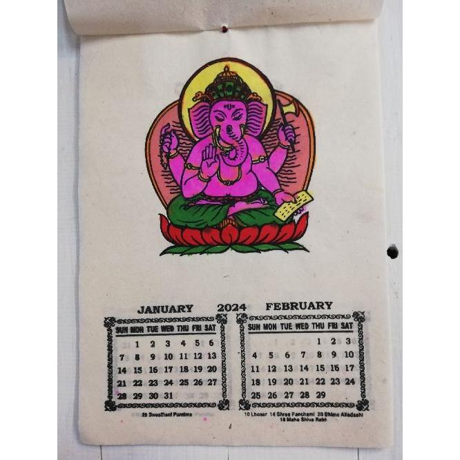 カレンダー 2024 壁掛け 手漉き紙 ガネーシャ イラスト 象  ハンドペイント  ネパール アジアン エスニック｜goa-gajah｜02