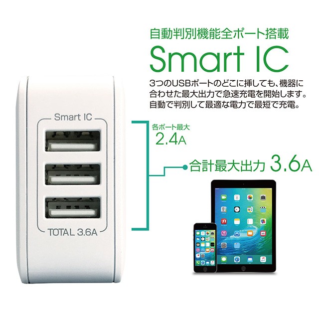 ACアダプタ 3ポート USB 充電器 チャージャー PSE認証 3.6A 3口