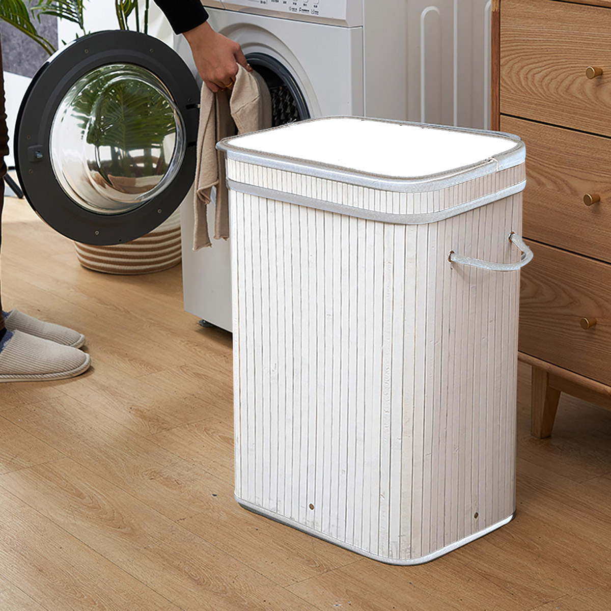 ランドリーバスケット バンブーバスケット 持ち手付 45L 大容量 ふた