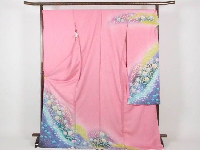 正絹 逸品振袖フルセット ピンク地 金通しに辻が花絞り染フルオーダー
