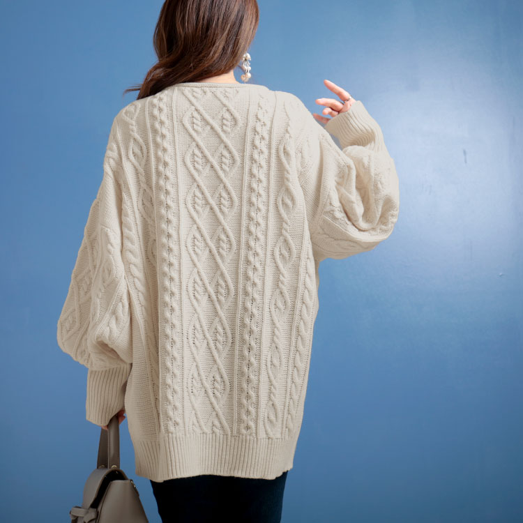 大きいサイズ レディース トップス ニット セーター ボリューム袖 ケーブル編み ロング ストレッチ 秋服 冬服 3L 4L オフホワイト 白 ブラウン ブラック 黒 大きいサイズ レディース トップス ニット セーター ボリューム
