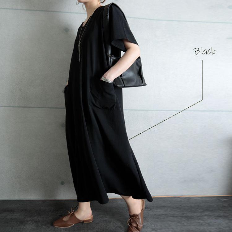 美品【GALENA】半袖ワンピース 38 綿 黒 無地 ゆったり軽量￥12100 GOLDJAPAN 大きいサイズ レディース ワンピース 半袖 ロング