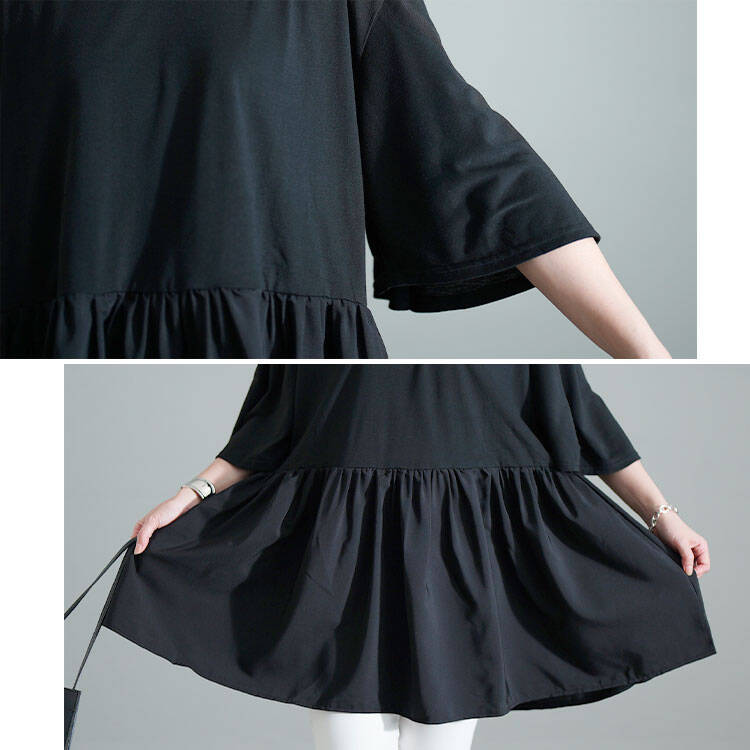 Vネック異素材切り替えペプラムチュニック