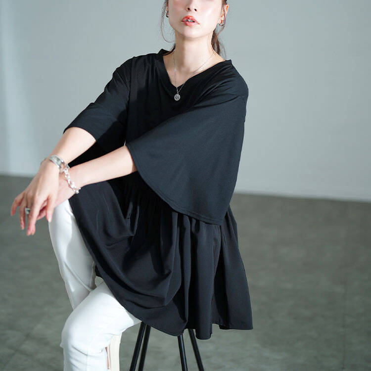 Vネック異素材切り替えペプラムチュニック