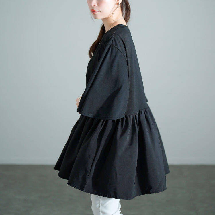 Vネック異素材切り替えペプラムチュニック