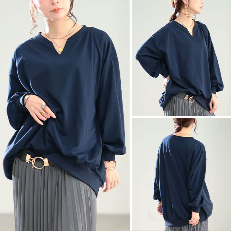 リブ切り替えキーネックプルオーバー