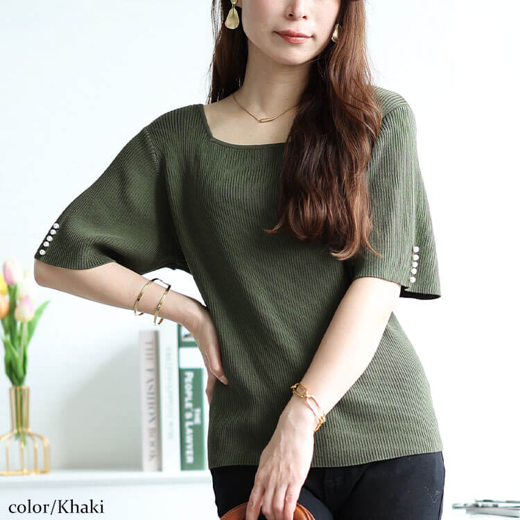 人気のCLOTH&CROSS トップス　リボン　長袖　カーキ　フリーサイズ GOLDJAPAN 大きいサイズ レディース トップス ニット 半袖 5分袖