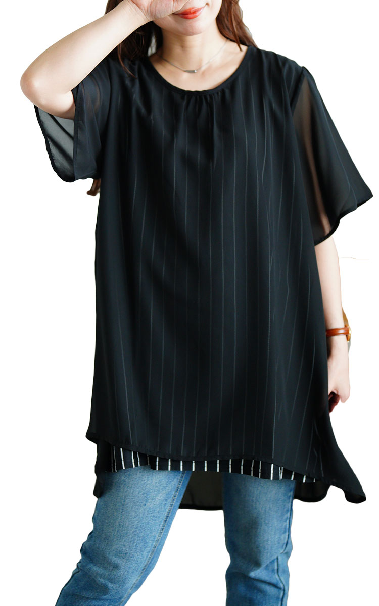 大きいサイズ レディース チュニック ストライプ柄 シフォン 半袖 ストライプ 柄 シフォン 春服 夏服 LL 2L 3L 4L 5L カーキ ネイビー ピンク ブラック 黒 | GOLDJAPAN | 04