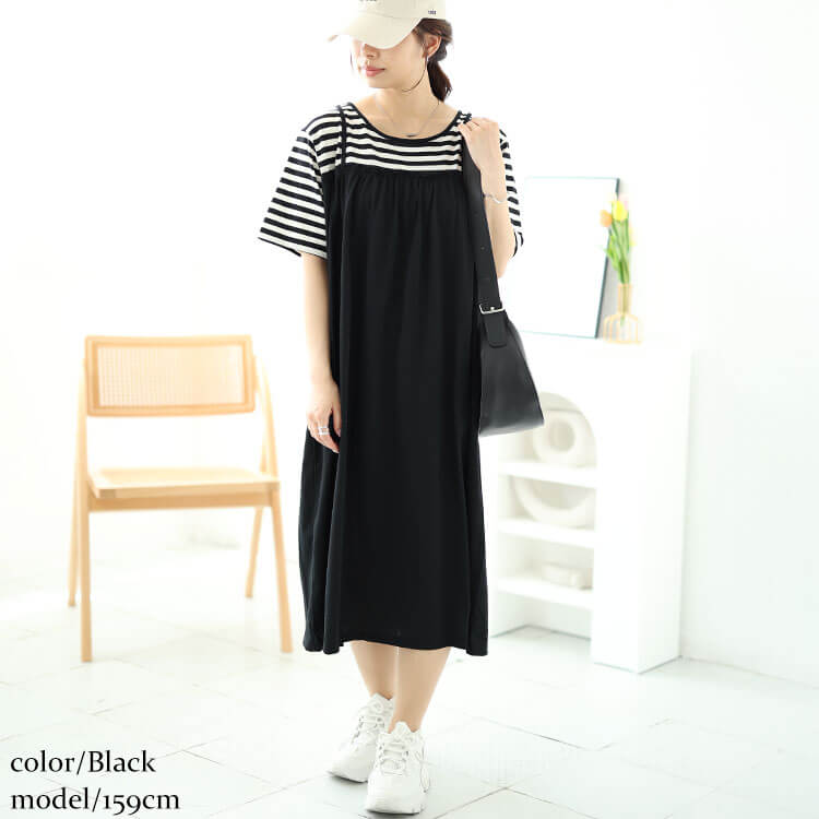 大きいサイズ レディース トップス キャミ チュニック ロング ボーダー 柄 シャーリング ギャザー 夏コーデ 夏 春 LL 2L 3L 4L 5L ブラック 黒 オフ 白 +cute GOLDJAPAN 大きいサイズ レディース チュニック ノースリーブ