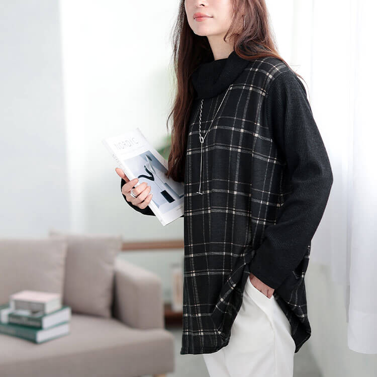 静電気防止オフタートルチェック柄チュニック