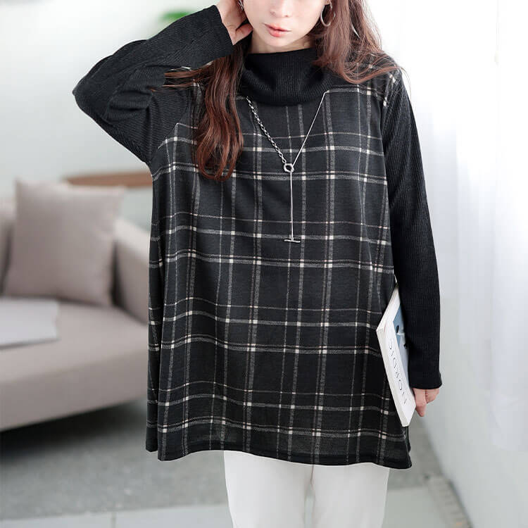 静電気防止オフタートルチェック柄チュニック