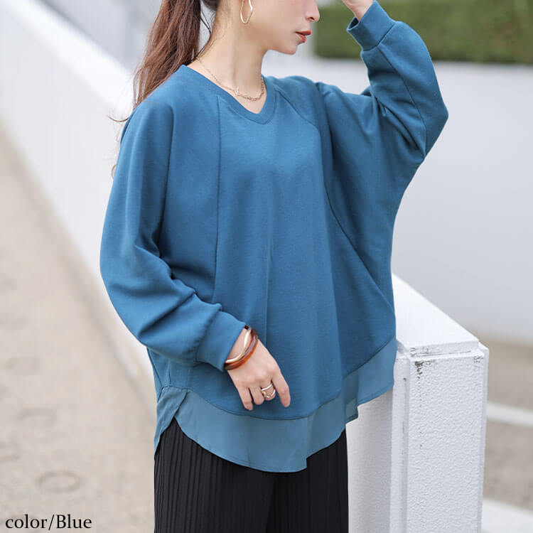 裾シフォン切り替えラグランプルオーバー