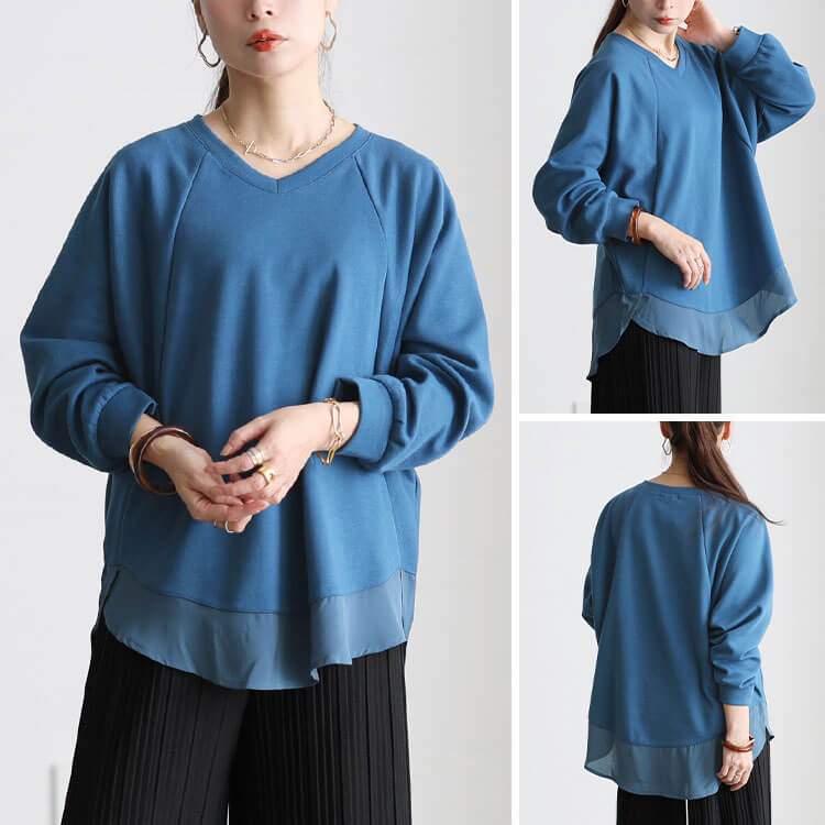 裾シフォン切り替えラグランプルオーバー