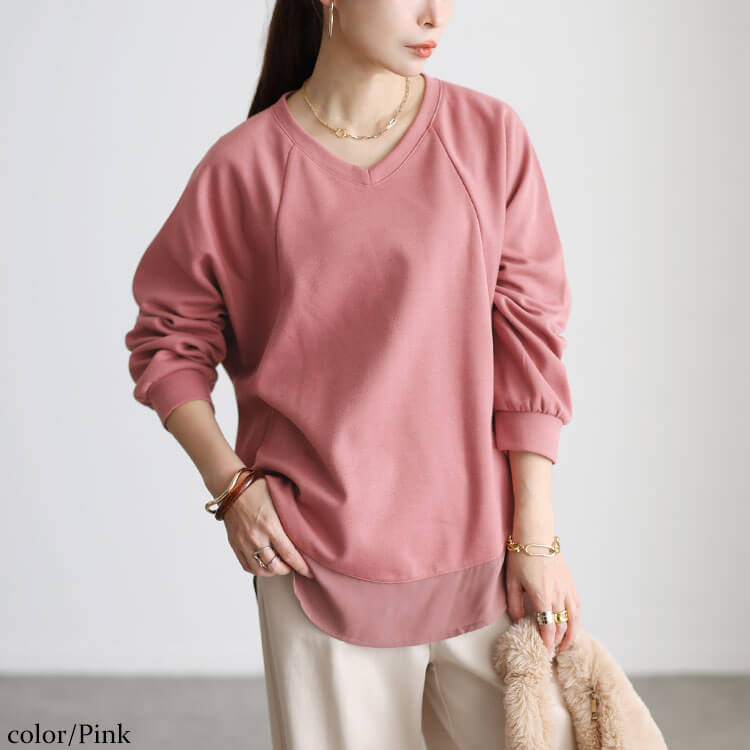 裾シフォン切り替えラグランプルオーバー