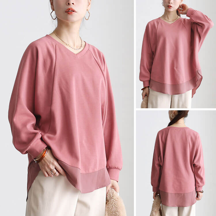 裾シフォン切り替えラグランプルオーバー