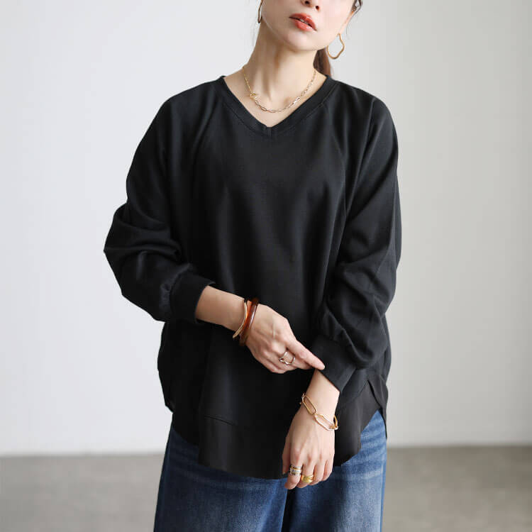 裾シフォン切り替えラグランプルオーバー