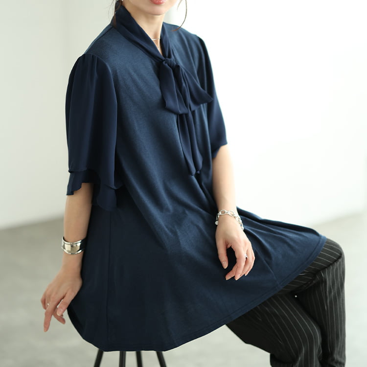 シフォン切り替えボウタイチュニック
