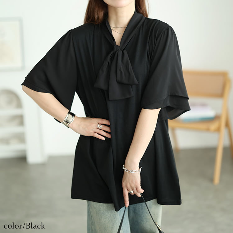 シフォン切り替えボウタイチュニック