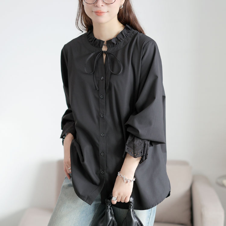 ◆美品◆ウンディッチノーベ◆フリルスリーブコットンブラウス◆長袖◆黒◆ゆったりM SPRING & SUMMER 2024 - UNDICI NOVE（ウンディッチ・ノーベ）UNDICI